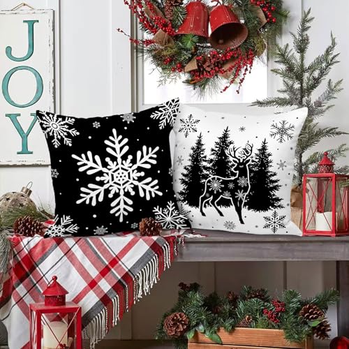 Black Christmas Pillow Covers Set of 4 24x24 Holiday Cushion Cases Winter Decor