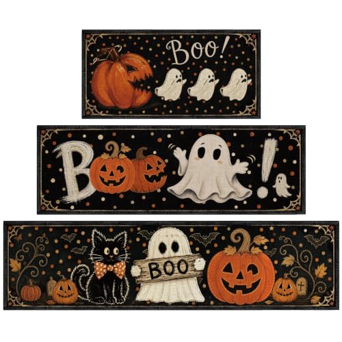 Halloween Cat Ghost Kitchen Rugs Set - Non-Slip Washable Fall Decor - Cat Ghost Variation
