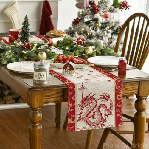 Chinese Zodiac Dragon Table Runner 13x72 Inch Lunar New Year Home Decor - Spring Festival Kitchen Table Decoration