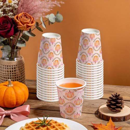 Fall Paper Cups 9oz Pink Bow Pumpkin Design - 50 Pack Disposable Drinkware for Parties