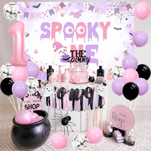 Halloween 1st Birthday Decorations Girl Spooky Party Supplies Pink Purple Black Balloons Cake Topper