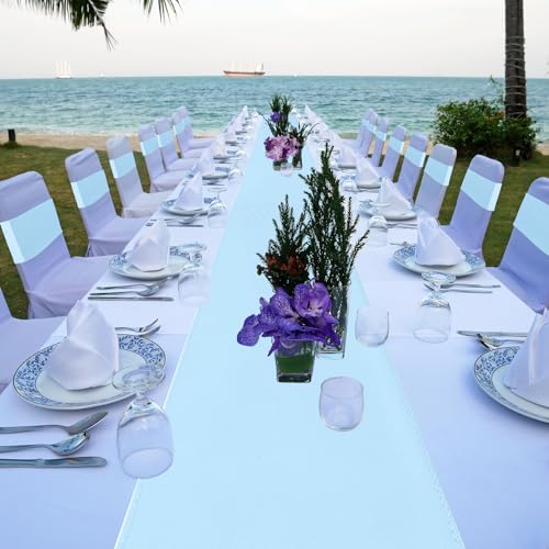 Sky Blue 108 Pcs Stretch Chair Sash Bands & Satin Table Runner Set - Wedding & Party Decor