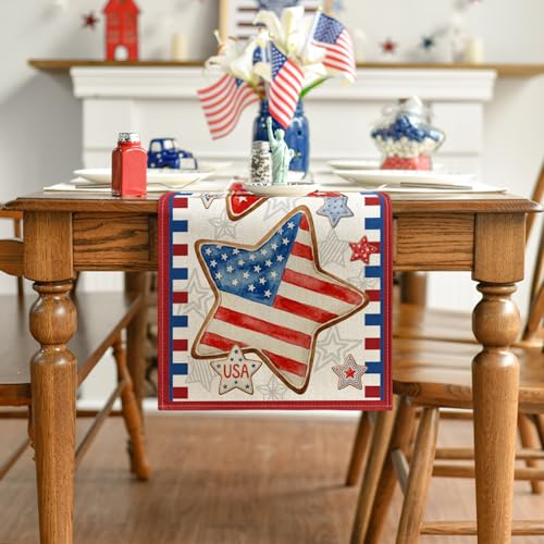 Patriotic 4th of July Stars American Flag Table Runner 13x60 Inch Beige