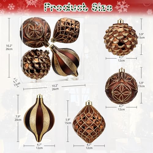 Christmas Ornaments Set - Brown & Gold Shatterproof Tree Balls, 4.7 Inch - Hollyone