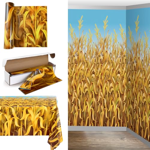 Fall Corn Field Tablecloth Roll with Cutter Box - 54x100 ft Cornstalks Design