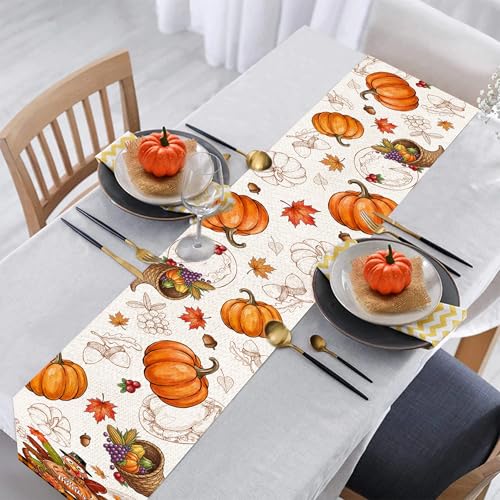 Thanksgiving Table Runner 13x108 Inches - Fall Decor, Turkey & Pumpkin Design