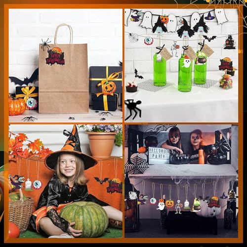 Halloween Wooden Hanging Ornaments Set - Skeleton, Pumpkin, Witch, Black Cat, 24 Pcs