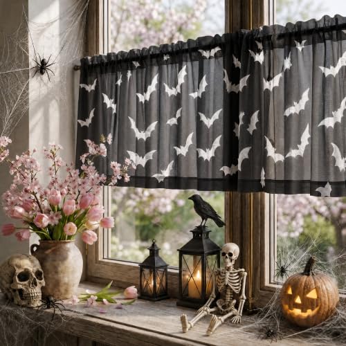 Black Sheer Window Valance 52x14 Inches Pack of 2 - Bats Halloween Decor