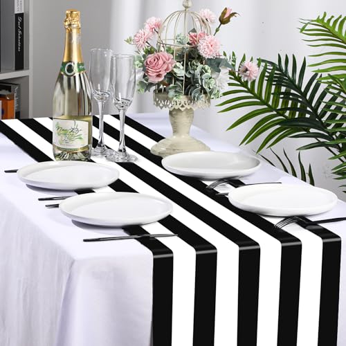 6 Pcs Black White Striped Plastic Table Runners for Halloween Festive Decor