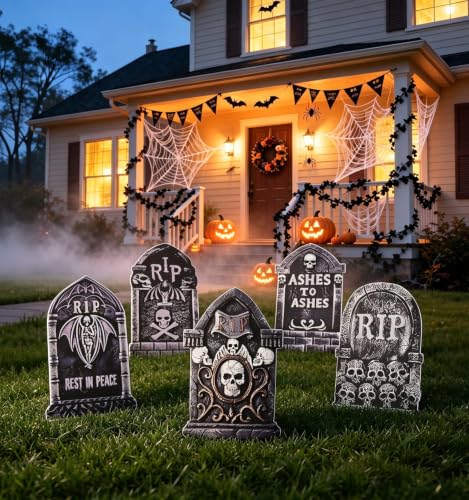 25.6 Inch Halloween Tombstones Outdoor Graveyard Decorations 5-Pack - Weatherproof Plastic, Spooky Cemetery Props, Stable Stakes