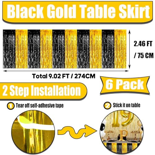 Black and Gold Metallic Foil Fringe Table Skirts 29x108 Inches - 6 Pack for Weddings Parties