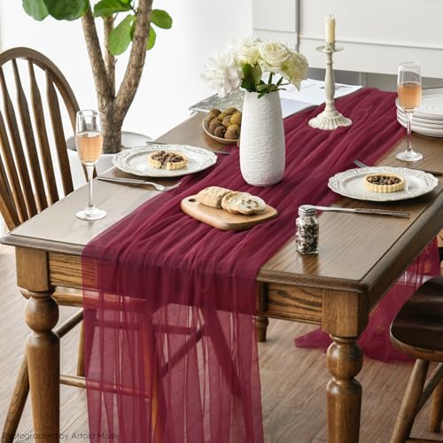 10PCS Burgundy Gauze Table Runner Set - 59 x 120 Inch, Wedding & Holiday Decor