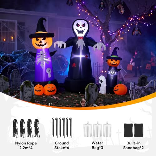Large Outdoor Halloween Inflatable Decor with LED Lights, Grim Reaper & Pumpkins - 9FT