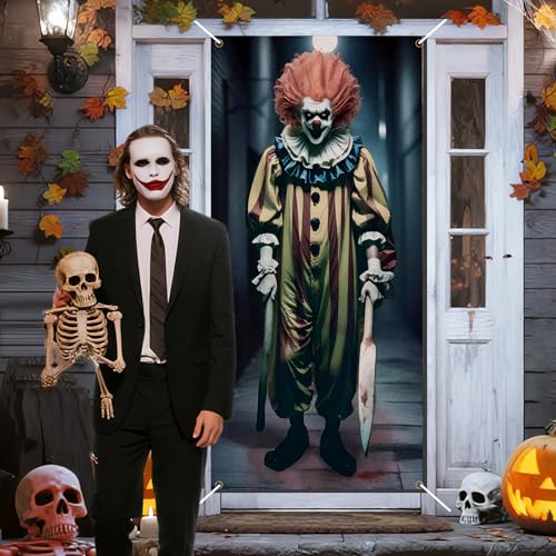 Halloween Scary Clown Door Cover Banner for Indoor Outdoor Party Decor - 72 x 35 Inches
