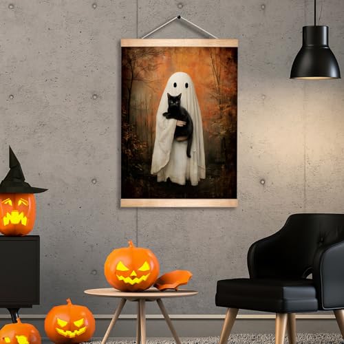 Gothic Ghost and Black Cat Wall Art Poster - Rustic Linen Canvas 18.5x14 Inch - Black Variation BLK05