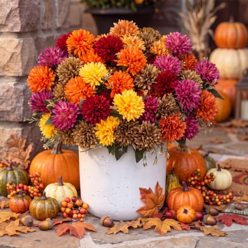 Artificial Fall Flower Bouquet Set - Multicolor Pompom Chrysanthemums, 24 Bunches with Bendable Stems