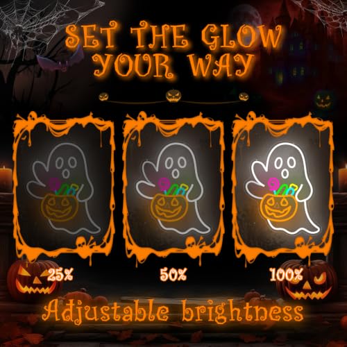 Waving Ghost Halloween Neon Sign - Candy Basket Halloween Decor - Dimmable LED Night Light
