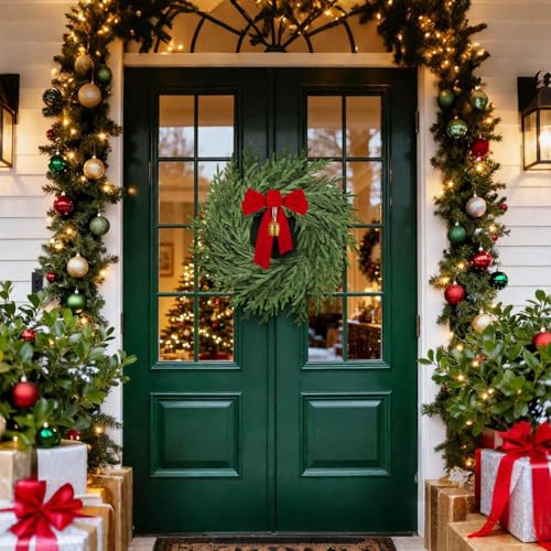 26-Inch Christmas Wreath with Red Bow & Bell - Artificial Front Door Decor - Style3