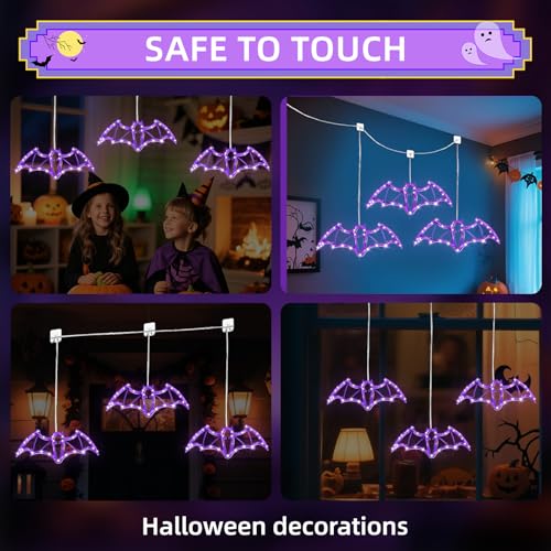 Halloween Hanging Window Lights - Purple Bat LED String Lights, 36 LEDs, USB & Battery Powered, with 6-Hour Timer - Variation: Purple / 36LED