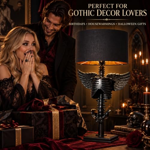 Modern Skeleton with Wings Lamp - 25 Inch Gothic Table Light, Spooky Home Decor