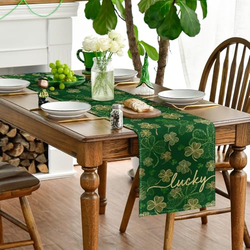 Lucky Shamrocks Table Runner 13x72 Inch Green St. Patrick's Day Decor Irish Kitchen