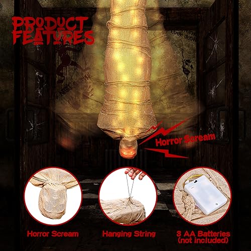 68-Inch Hanging Halloween Corpse Prop with Sound-Activated Lights and Animated Scare Effect