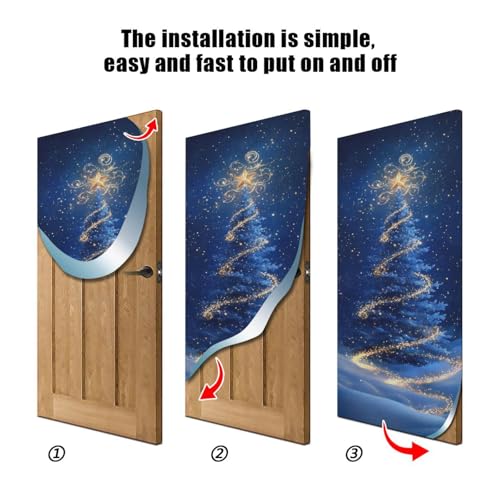 Christmas Tree Door Cover - Blue Holiday Door Decor 35x79 In - Stretch Fabric