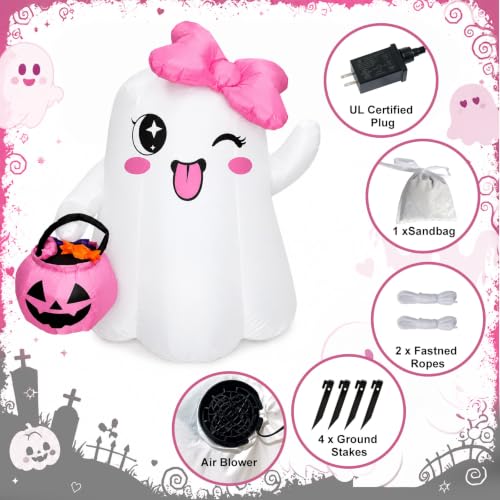 5FT Halloween Inflatable Ghost with Pink Bow and Glowing Pumpkin - Outdoor Decor