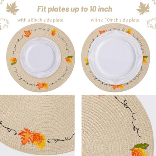Fall Leaf Embroidered Round Placemats Set of 4 - Yellow & Beige Autumn Decor