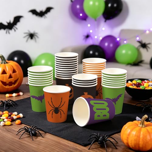 Halloween Paper Cups 9oz - Spider Design, Colorful Spider Variation, 48 Pack