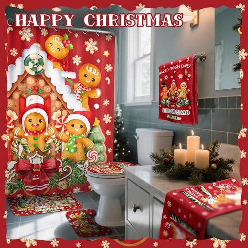 Christmas Shower Curtain Set with Hooks & Rug - Gingerbread Man Holiday Bathroom Decor