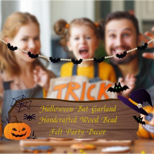 Halloween Felt Bat Garland with Wood Beads - Mantel Decor, Spooky Rustic Halloween Decoration - Bat Variation