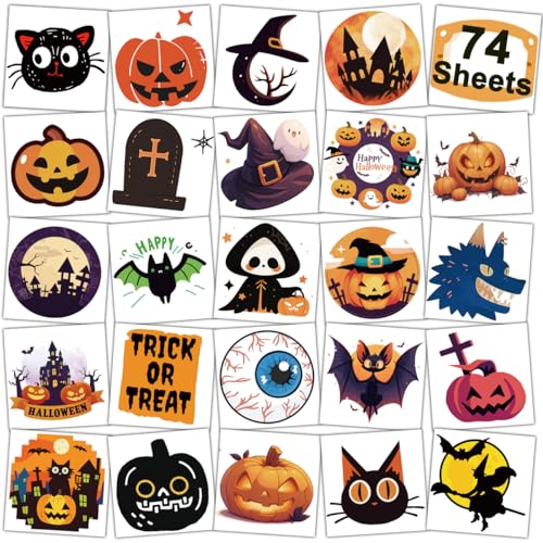 Kids Halloween Temporary Tattoos Set - 74 Waterproof & Non-Toxic Sheets