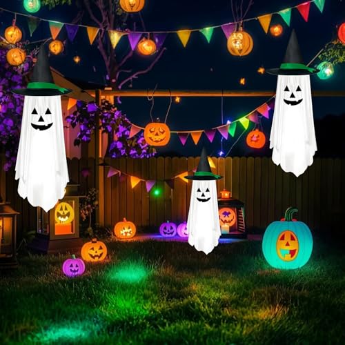 White Halloween Hanging Pumpkin Ghost Decorations - Outdoor Party Decor, 2 Pack