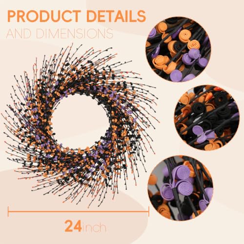 24-Inch Halloween Wreath Black Orange Purple Front Door Decor - Handmade, Reusable Seasonal Decoration