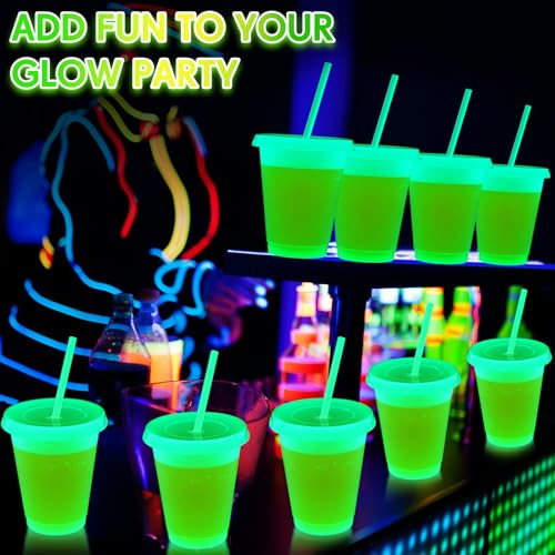 15 Pack 16 oz Glow in the Dark Halloween Cups with Lids & Straws - Fluorescent Green