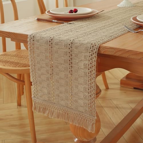 Brown Burlap Boho Table Runner 12x108 Inches with Tassels - Rustic Farmhouse Decor