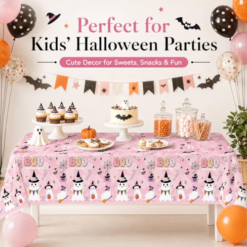 Pink Boo Halloween Plastic Tablecloth - 2PCS Rectangular Disposable Spooky Party Cover - Pink, Ghosts & Bats - 108x54 Inches - Halloween Variation
