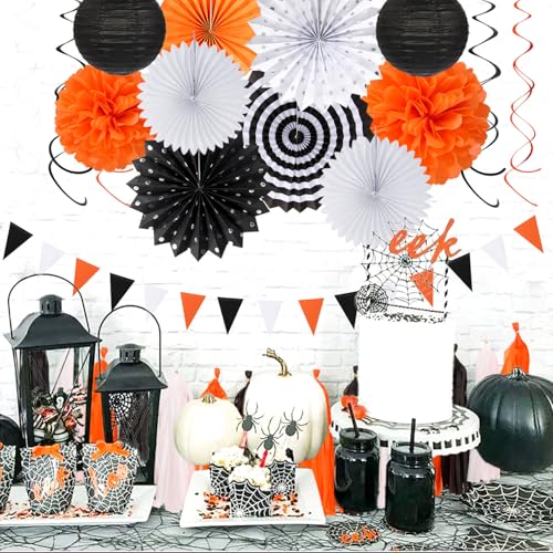 Black White Orange Halloween Party Decorations Kit - 33 Pcs Banners, Lanterns & Streamers