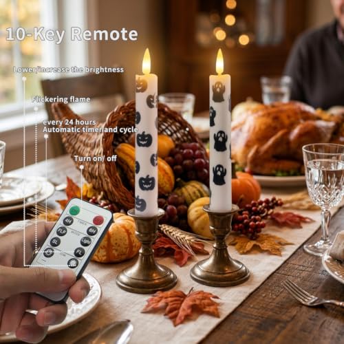 Halloween Ghost & Pumpkin Taper Candles Set with Remote Timer - Flameless, Flickering & Steady Light, 2PCS