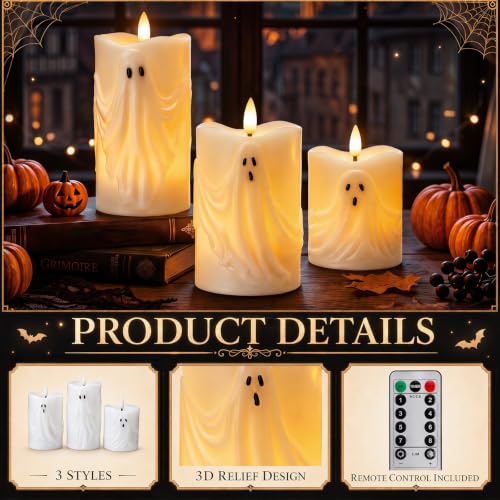 Halloween Ghost Pillar Candles Set with Remote Timer - Flameless Indoor Decor