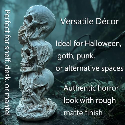 Gothic Skull Statue - See Hear Speak No Evil Stacked Skeleton Decor for Halloween & Home