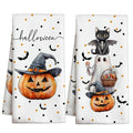 Halloween Kitchen Towels Set of 2 - White Ghost, Black Cat, Pumpkin & Bats Decor