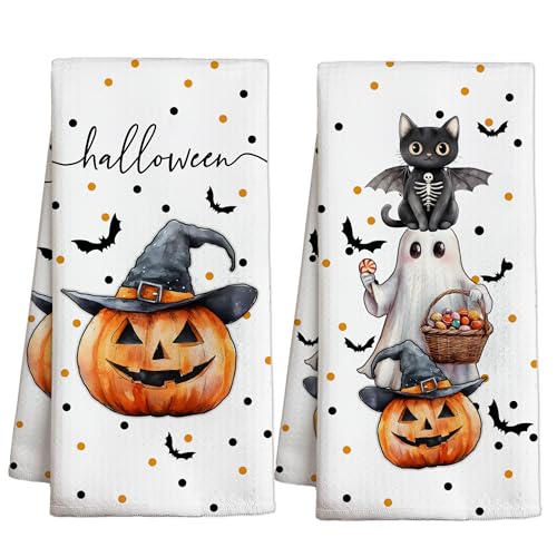 Halloween Kitchen Towels Set of 2 - White Ghost, Black Cat, Pumpkin & Bats Decor