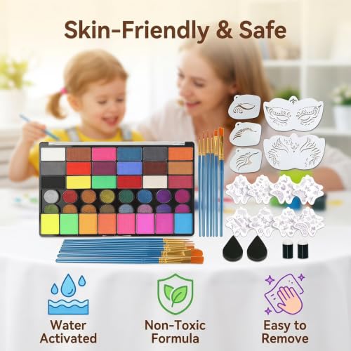Kids & Adults Water-Activated Face Painting Kit - 42 Colors, Brushes & Stencils