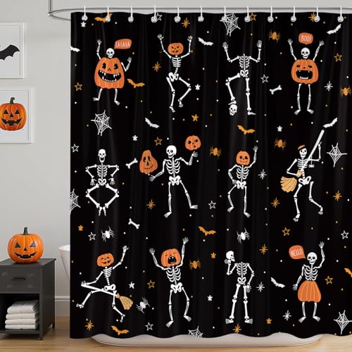 Funny Gothic Halloween Shower Curtain - Skeleton, Pumpkins, Black & White, Waterproof, 72x72 Inches with 12 Hooks - Kids Bathroom Decor
