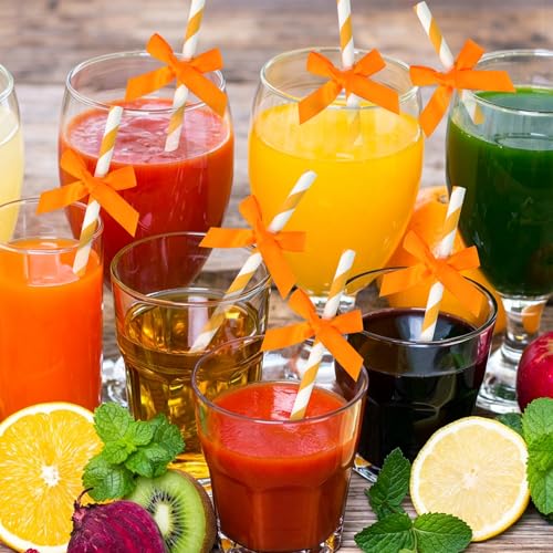Orange Bow Striped Paper Straws - 24 Pack Biodegradable Disposable Drinkware for Parties