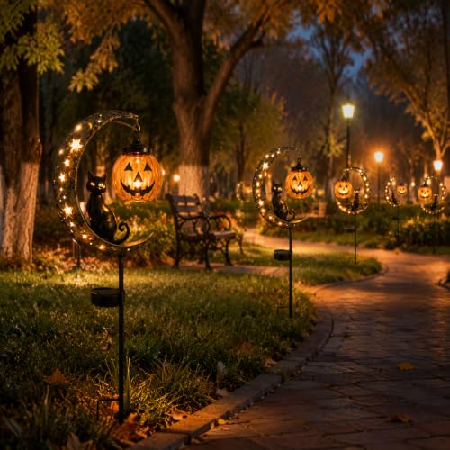 Halloween Black Cat LED Lantern Waterproof Outdoor Holiday Decoration with Crescent Moon & Hanging Jack-O'-Lantern