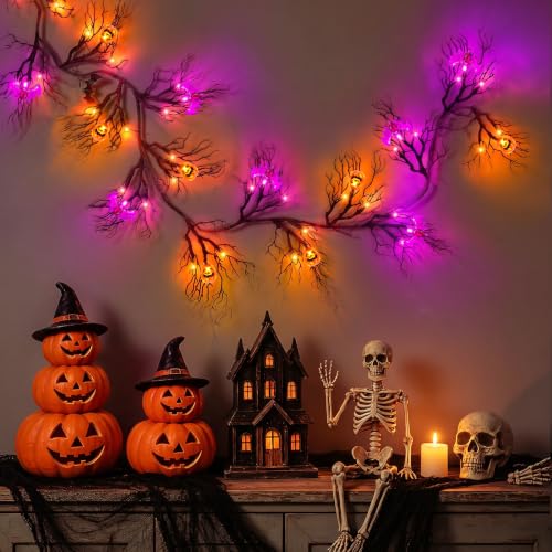 6FT Halloween Willow Vine Garland with 48 LED Bat & Pumpkin Lights - Remote & Timer