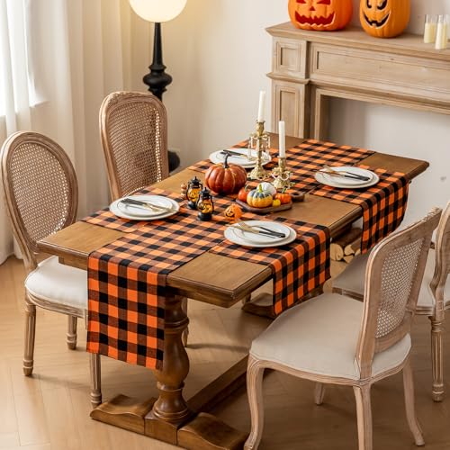 Joyfol Day Halloween Orange Buffalo Plaid Table Runner 13x60 Inch Fall Decor - Black & Orange